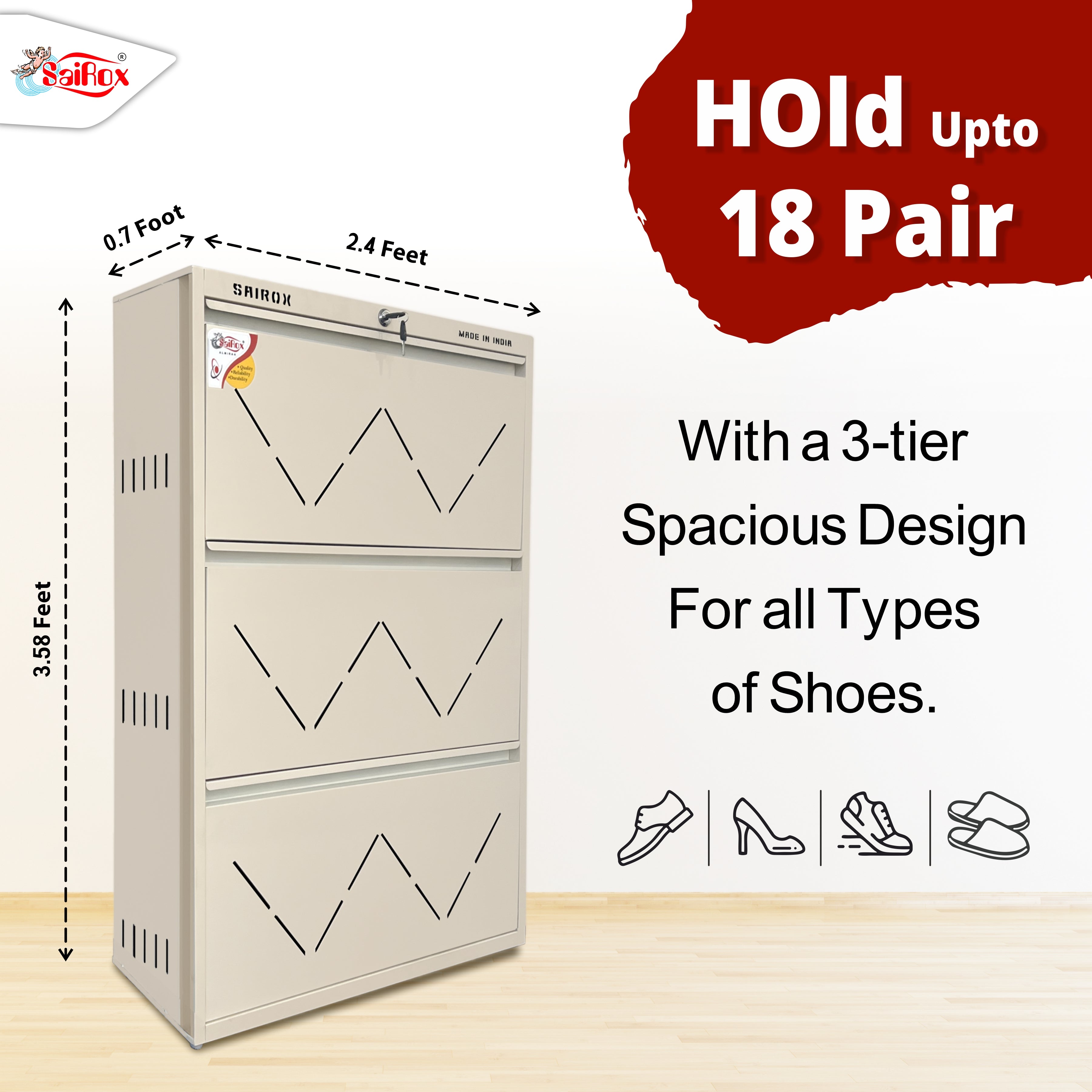 SAIROX Wall Shoe Rack – 3 Doors, 6 Shelves, Metal Build, Fits 18 Pairs