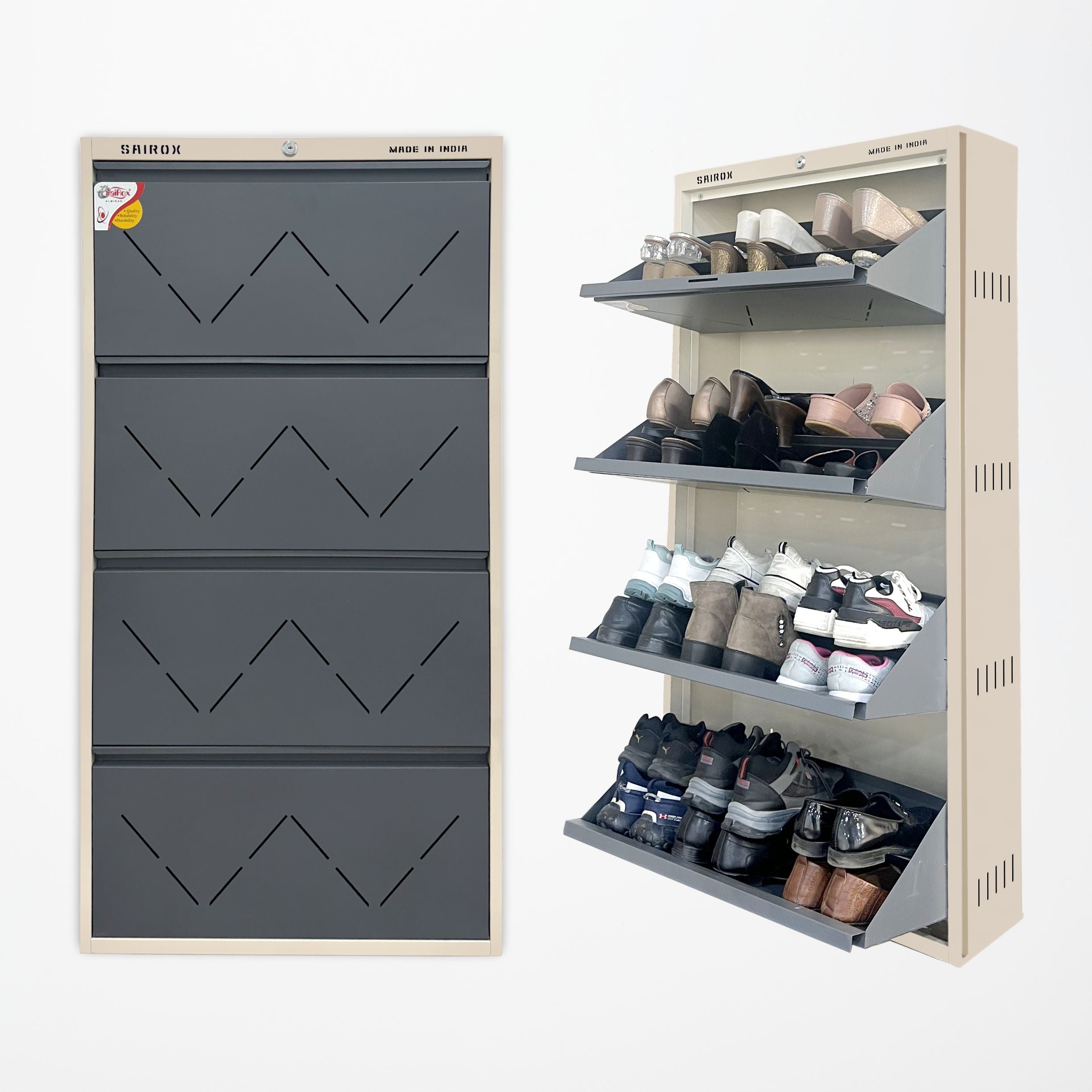 SAIROX Double Shelves Four Door Wall Mounted Metal Shoe Rack - 24-28 Pair Capacity, 29*8.5*56 Inches (8 Shelves)