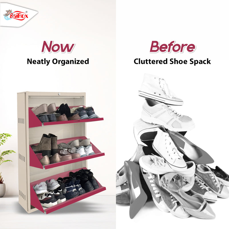SAIROX Wall-Mounted Metal Shoe Rack – 3 Door, 6 Shelf, 16–18 Pair Capacity