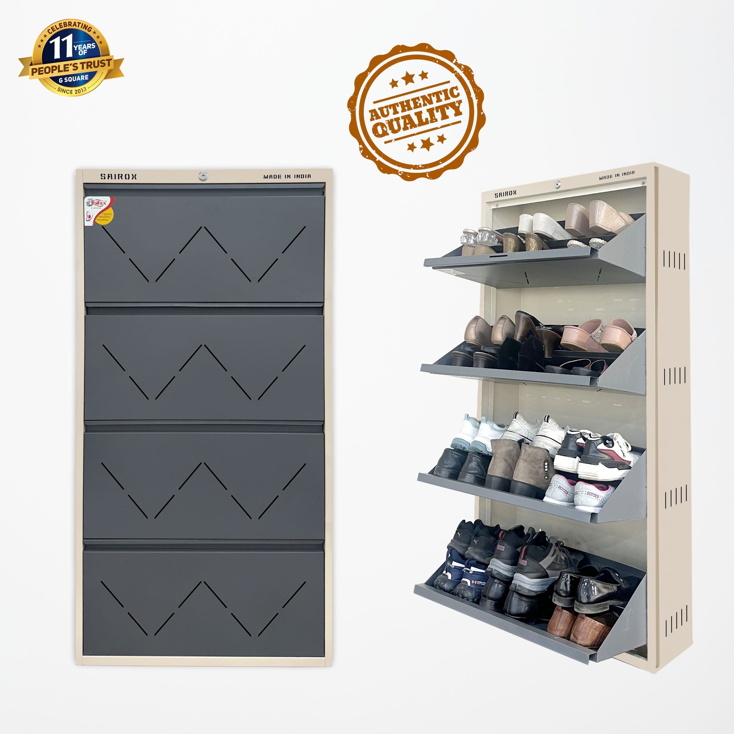 SAIROX Double Shelves Four Door Wall Mounted Metal Shoe Rack - 24-28 Pair Capacity, 29*8.5*56 Inches (8 Shelves)