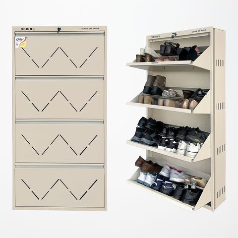 SAIROX Double Shelves Four Door Wall Mounted Metal Shoe Rack - 24-28 Pair Capacity, 29*8.5*56 Inches (8 Shelves)