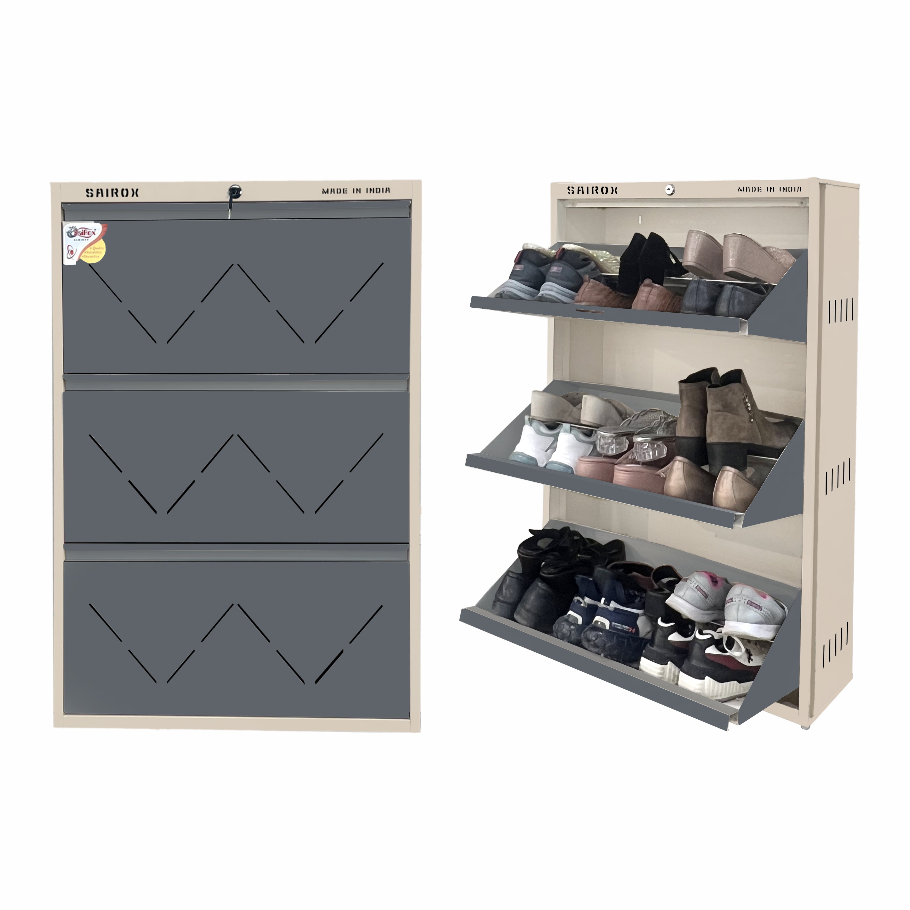 SAIROX Double Shelves Three Door Wall Mounted Metal Shoe Rack - 16-18 Pair Capacity, 28.7*8.2*42.7 Inches (6 Shelves)