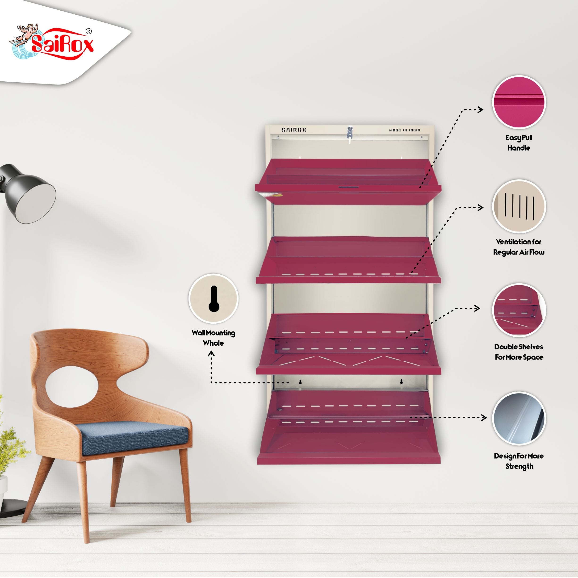 SAIROX Double Shelves Four Door Wall Mounted Metal Shoe Rack - 24-28 Pair Capacity, 29*8.5*56 Inches (8 Shelves)