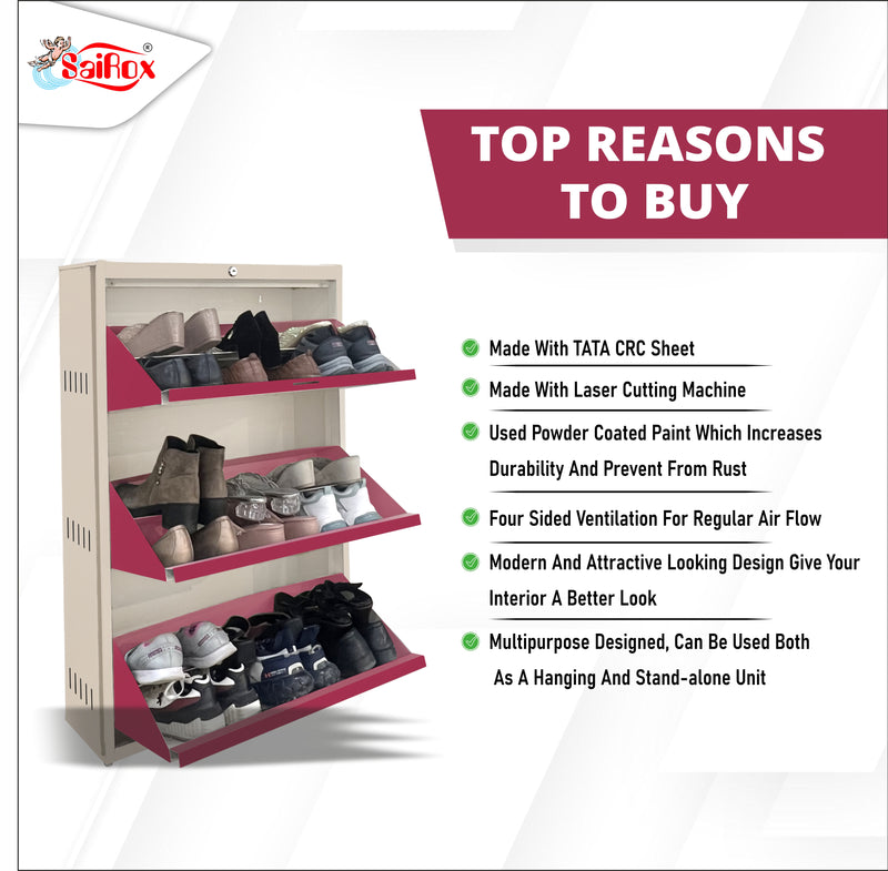 SAIROX Wall-Mounted Metal Shoe Rack – 3 Door, 6 Shelf, 16–18 Pair Capacity