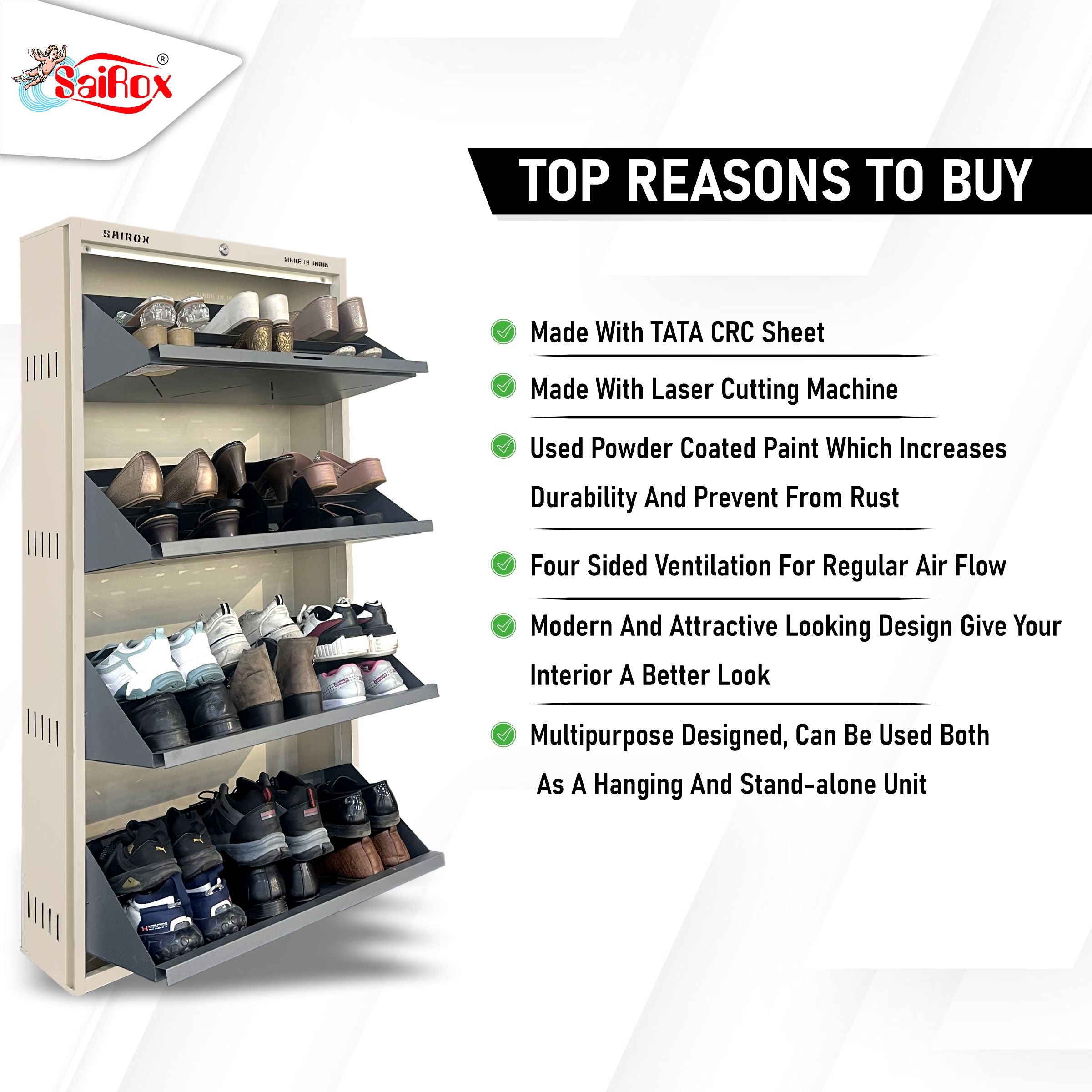 SAIROX Double Shelves Four Door Wall Mounted Metal Shoe Rack - 24-28 Pair Capacity, 29*8.5*56 Inches (8 Shelves)