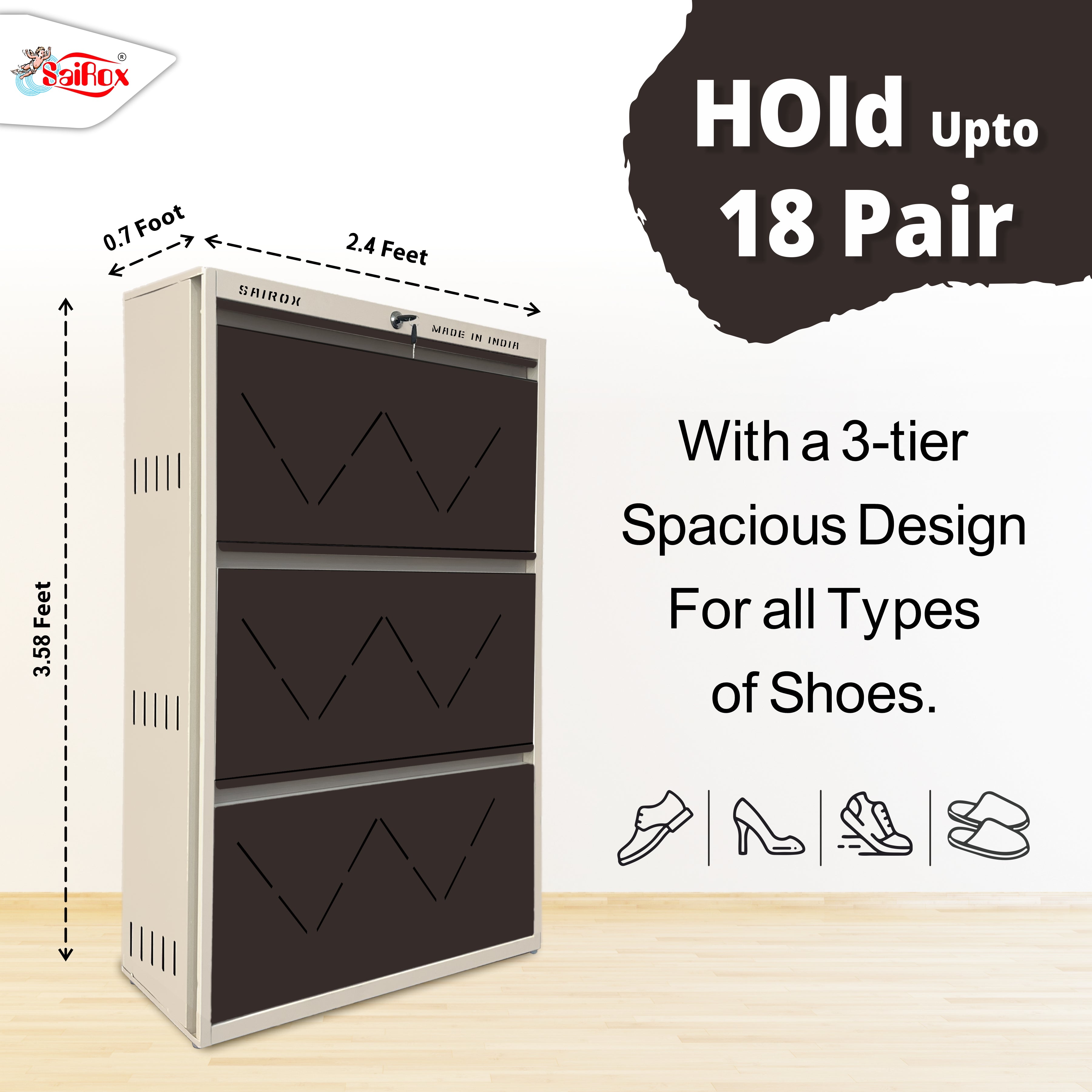 SAIROX Double Shelves Three Door Wall Mounted Metal Shoe Rack - 16-18 Pair Capacity, 28.7*8.2*42.7 Inches (6 Shelves)