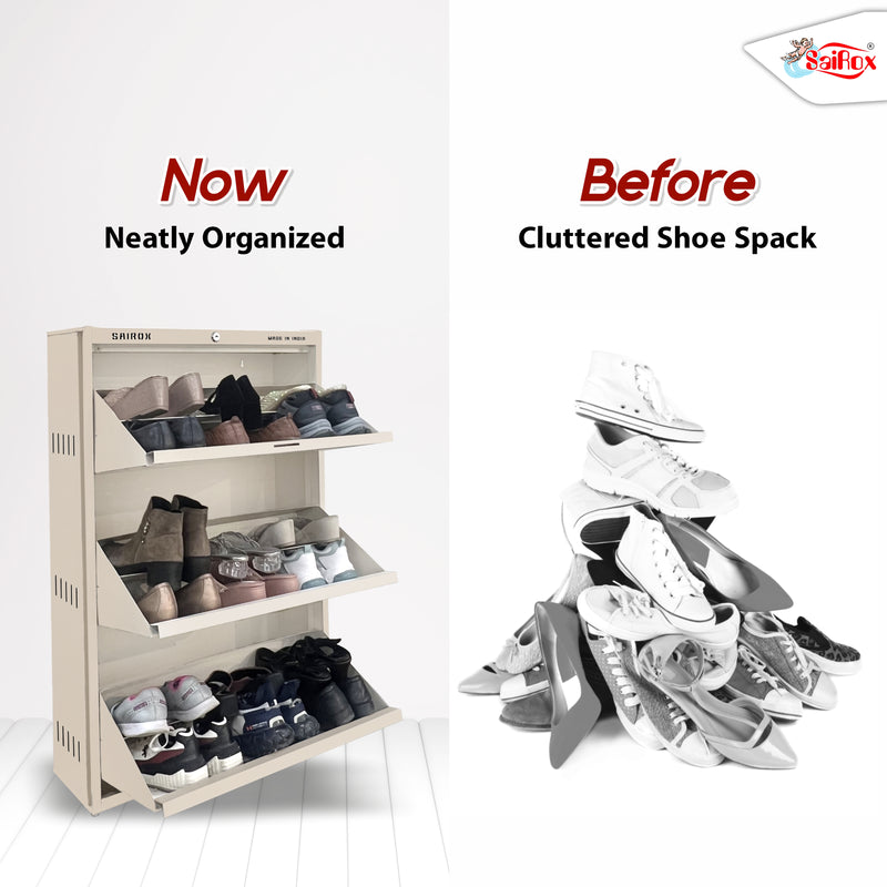 SAIROX Wall Shoe Rack – 3 Doors, 6 Shelves, Metal Build, Fits 18 Pairs