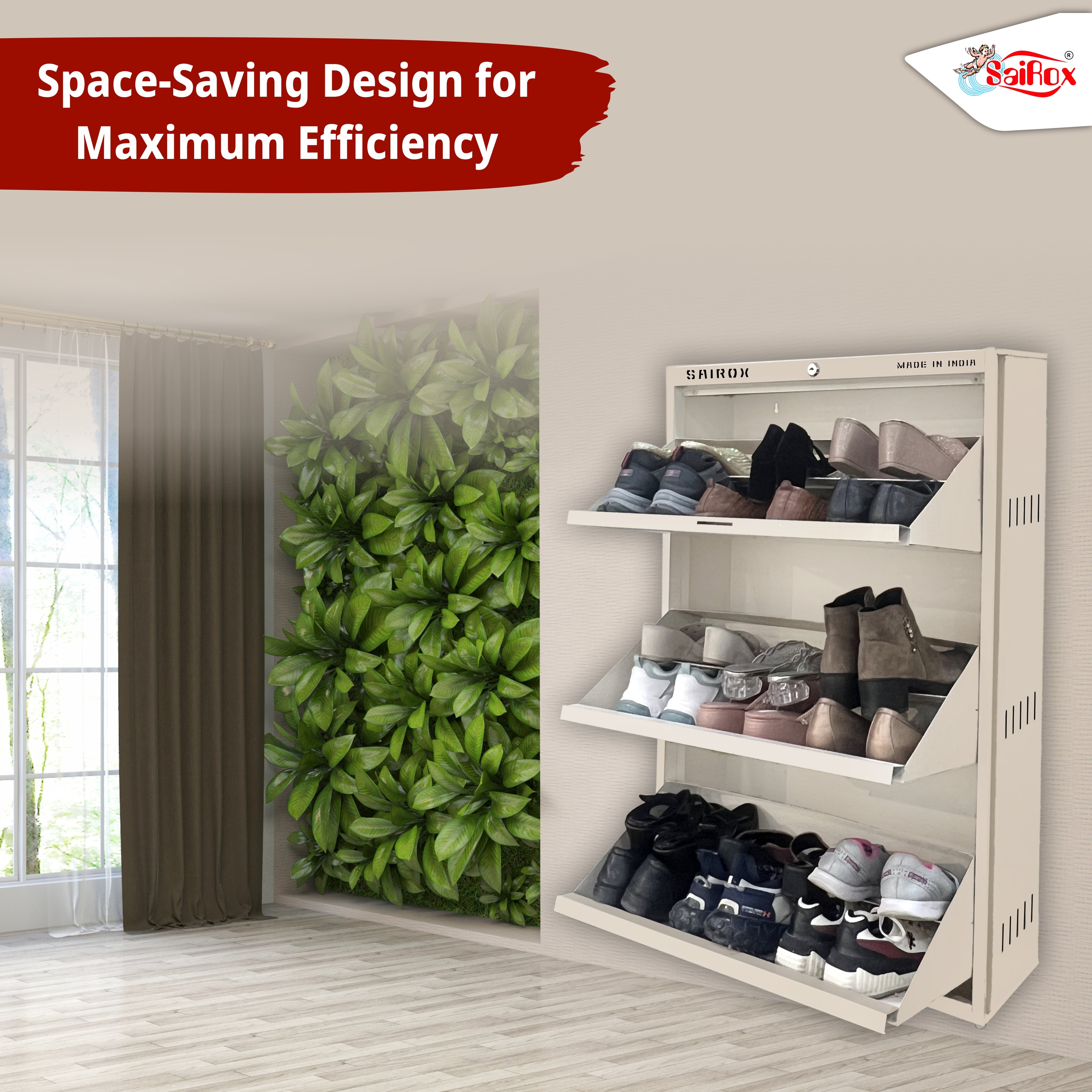 SAIROX Double Shelves Three Door Wall Mounted Metal Shoe Rack - 16-18 Pair Capacity, 28.7*8.2*42.7 Inches (6 Shelves)