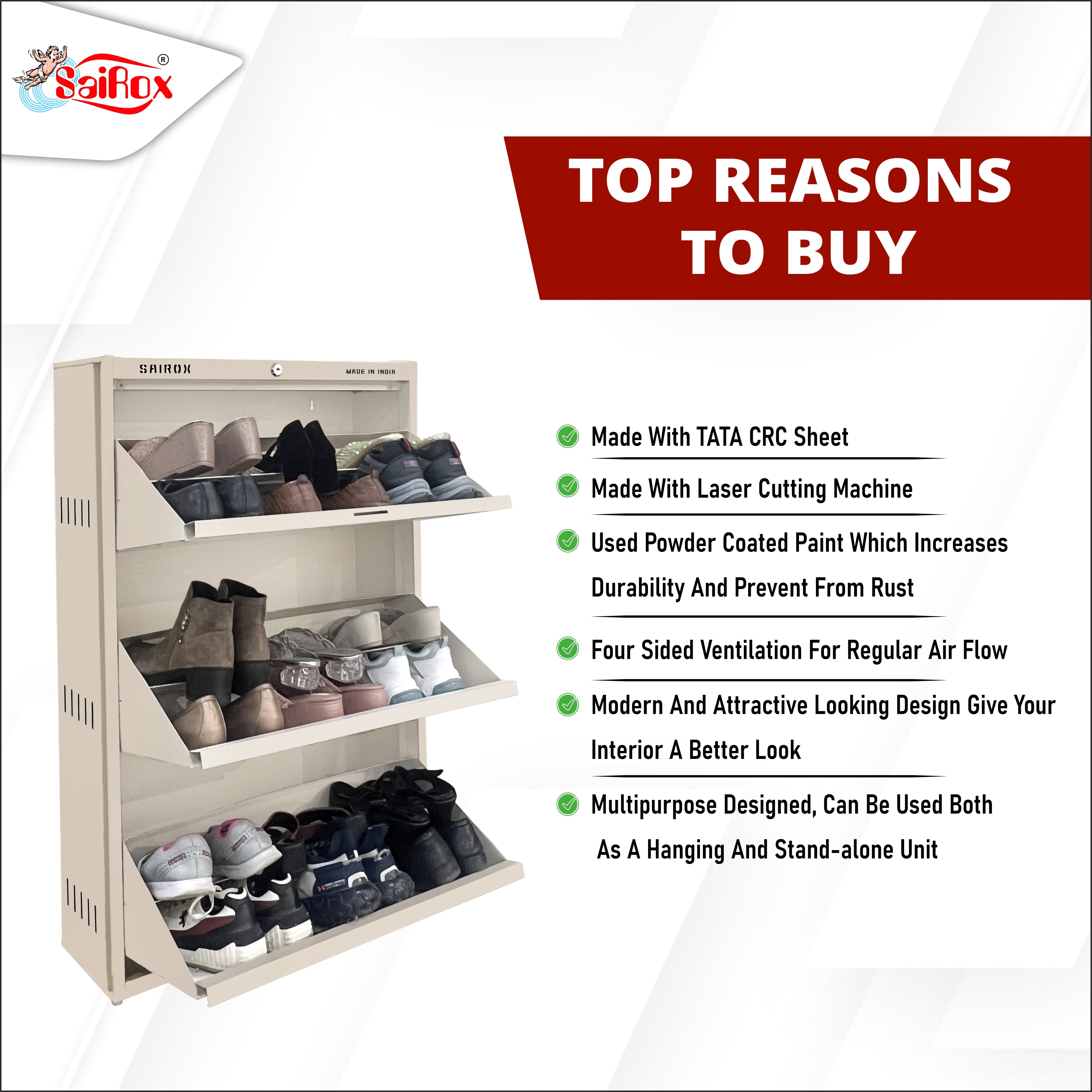 SAIROX Double Shelves Three Door Wall Mounted Metal Shoe Rack - 16-18 Pair Capacity, 28.7*8.2*42.7 Inches (6 Shelves)