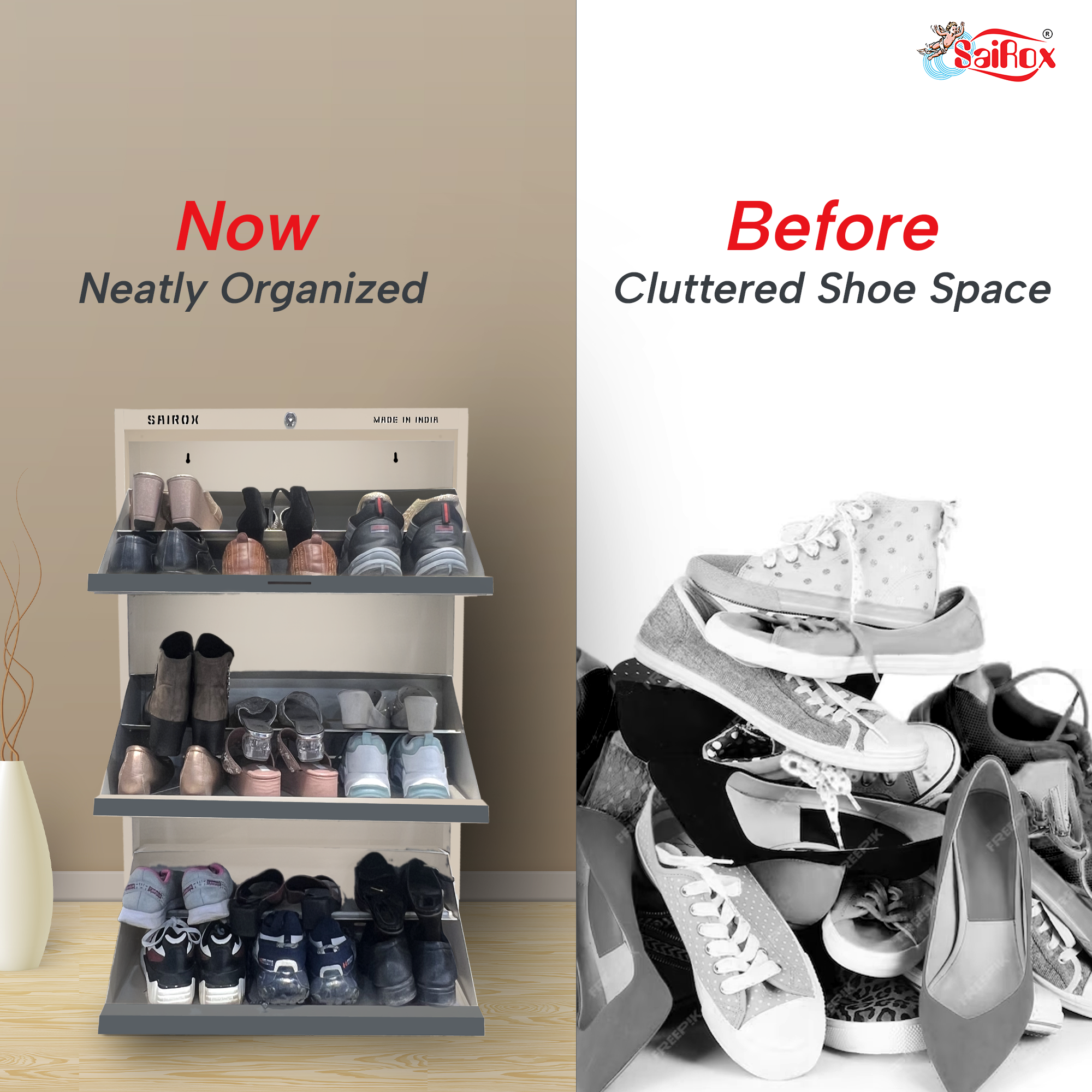 SAIROX Double Shelves Three Door Wall Mounted Metal Shoe Rack - 16-18 Pair Capacity, 28.7*8.2*42.7 Inches (6 Shelves)